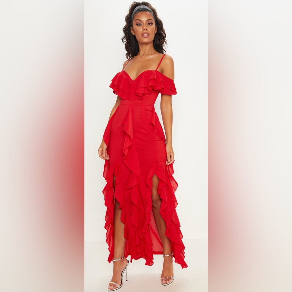 PrettyLittleThing Red Sexy Cold Shoulder Ruffle Maxi Dress (Size 4)
